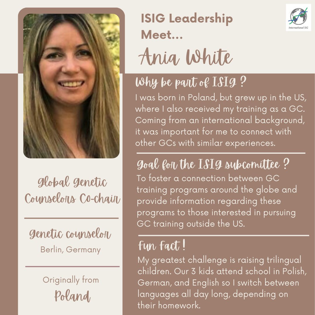 Meet our second "Global Genetic Counselors Subcommittee" Co-chair of the International SIG! 

Ania White 

#ISIG #globalgeneticcounselors #world #goals #expand #perspectives #explore #subcommittee #cochair #GeneChat