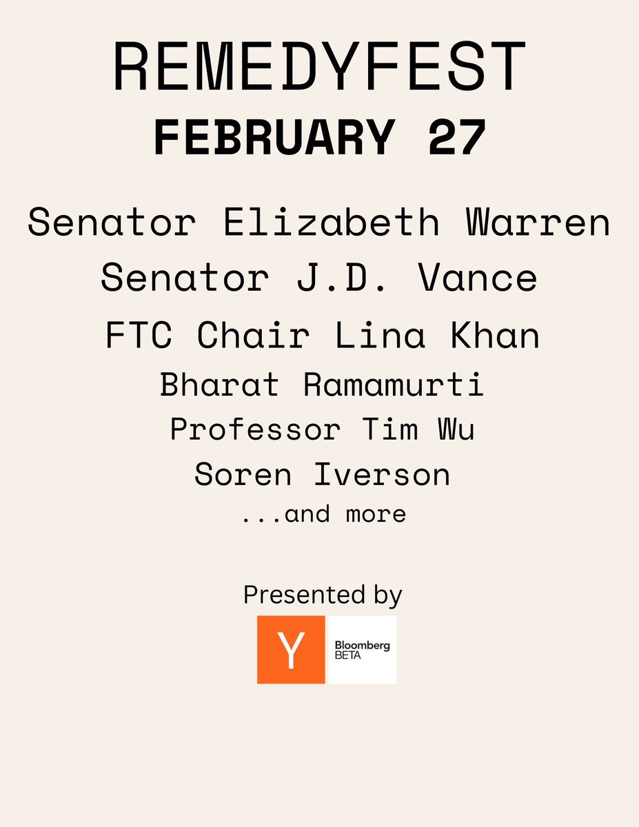 Join us today at #RemedyFest, cohosted by YC &amp; Bloomberg Beta. 

The event brings policy &amp; tech together, amid major regulatory shifts. Watch here from 9:30am-4pm ET: youtube.com/@RemedyFest