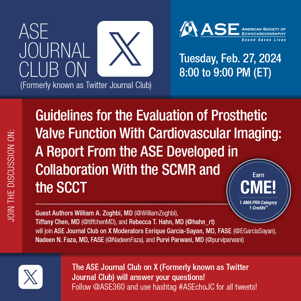 American Society of Echocardiography (@ase360) on Twitter photo Join us TONIGHT from 8-9 PM ET for our ASE Journal Club on X! 🙌 #ASEchoJC
The live social event will be moderated by <a href="/EGarciaSayan/">Enrique Garcia-Sayan, MD, FACC, FASE</a>, <a href="/NadeenFaza/">Nadeen N. Faza, M.D.</a>, & <a href="/purviparwani/">Dr. Purvi Parwani</a>. Guest authors include <a href="/WilliamZoghbi/">WilliamZoghbi</a>, <a href="/tiffchenMD/">Tiffany Chen</a>, & <a href="/hahn_rt/">RTHahnMD</a>.
Register here to earn CME: bit.ly/3OWdg8n Join us TONIGHT from 8-9 PM ET for our ASE Journal Club on X! 🙌 #ASEchoJC
The live social event will be moderated by <a href="/EGarciaSayan/">Enrique Garcia-Sayan, MD, FACC, FASE</a>, <a href="/NadeenFaza/">Nadeen N. Faza, M.D.</a>, & <a href="/purviparwani/">Dr. Purvi Parwani</a>. Guest authors include <a href="/WilliamZoghbi/">WilliamZoghbi</a>, <a href="/tiffchenMD/">Tiffany Chen</a>, & <a href="/hahn_rt/">RTHahnMD</a>.
Register here to earn CME: bit.ly/3OWdg8n