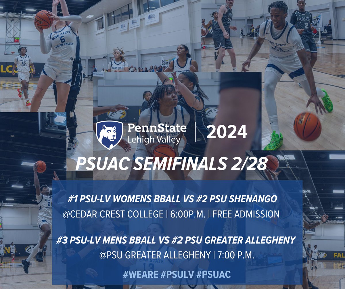 PSU Lehigh Valley (@psulehighvalley) on Twitter photo 🏀💪ONE MORE WIN💪🏀 needed for PSU-LV Mens and Womens Basketball Teams to compete in the 2024 PSUAC Championship at University Park!!
Last night, #1 PSU-LV Women defeated #4 PSU Schuylkill 91-55 while #3 PSU-LV Men beat #2 PSU Wilkes Barre 89-87. 
#PSUAC #semifinals 🏀💪ONE MORE WIN💪🏀 needed for PSU-LV Mens and Womens Basketball Teams to compete in the 2024 PSUAC Championship at University Park!!
Last night, #1 PSU-LV Women defeated #4 PSU Schuylkill 91-55 while #3 PSU-LV Men beat #2 PSU Wilkes Barre 89-87. 
#PSUAC #semifinals