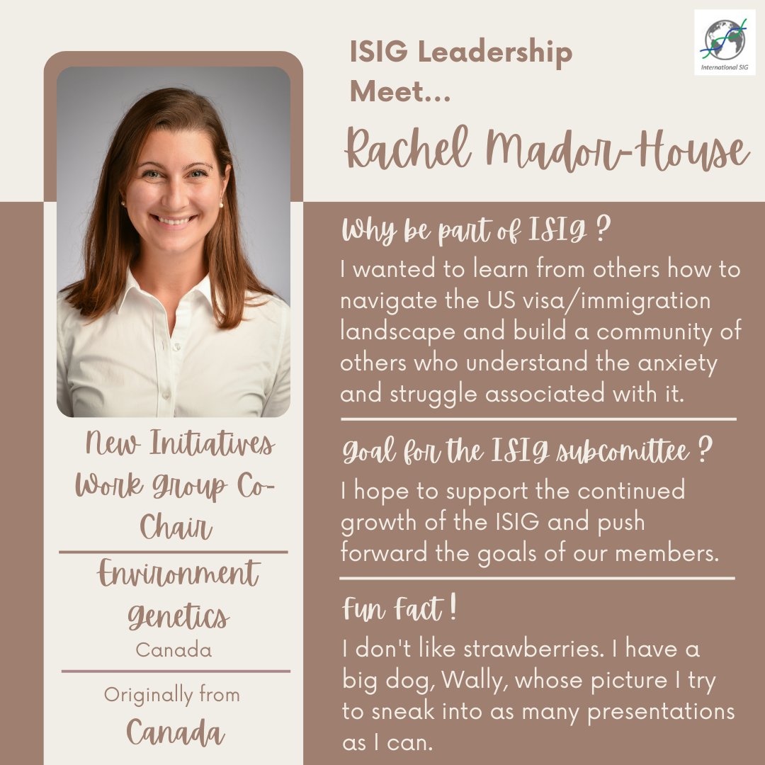 Meet our "Initiatives Workgroup Subcommittee" Co-chair of International SIG! 

Rachel Mador-House

#ISIG #InternationalSIG #leadership #goals #subcommittee #cochair #GeneChat #initiatives