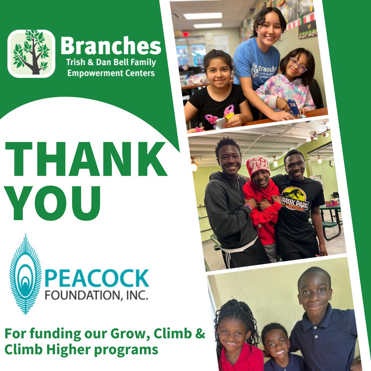 BranchesFL's tweet image. Thank you to Peacock Foundation, Inc. for supporting our Grow, Climb &amp;amp; Climb Higher program💚!

We are so grateful for your support and for pouring into the next generation! Our students and families at Branches are forever grateful🫶.

#peacockfoundation #branchesfl #nonprofit