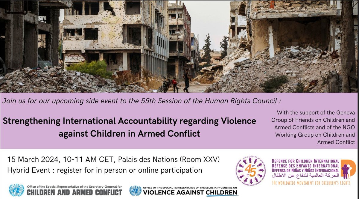 📢 SAVE THE DATE! Join us for a #HRC55 hybrid side event on Strengthening #accountability for violence against #children in armed conflict.🌍With millions of children affected by conflict, it's time to ensure accountability! 🗓️15 March ⏰ 10AM CET 🔗Info👉bit.ly/3Ig4Kx6