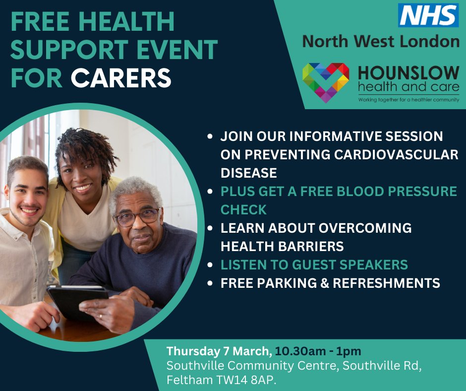Are you a #carer in #Hounslow? Come along to the Carers’ Engagement meeting on Thurs 7th March at Southville Community Centre, organised by the Hounslow Borough Based Partnership (@HealthierNWL & Hounslow Health and care teams). Email carers@hounslow.gov.uk to book your place