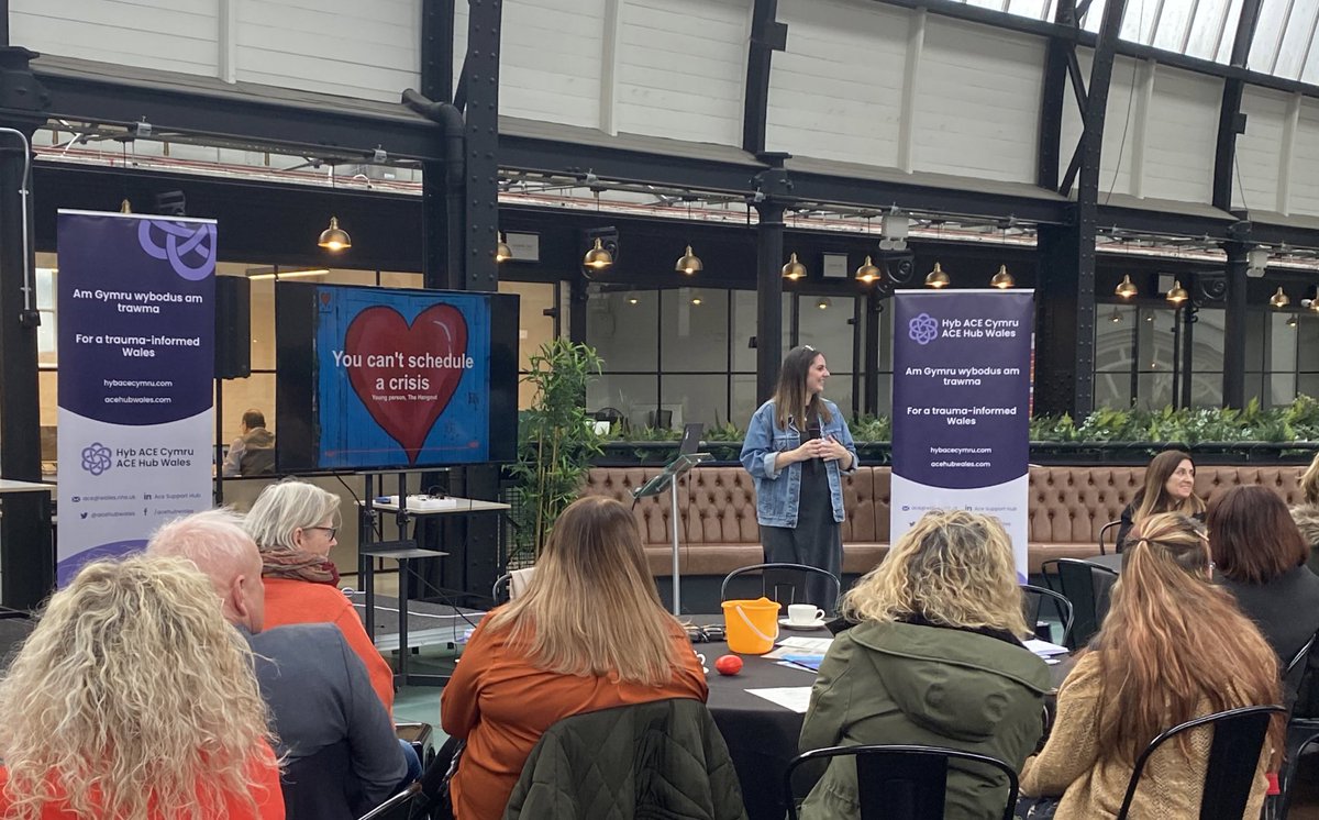 You definitely can’t schedule a crisis! Our wonderful Jenn here from the Hangout team @weareplatfform talking at @acehubwales conference about delivering services in a trauma informed way! 🙌👏