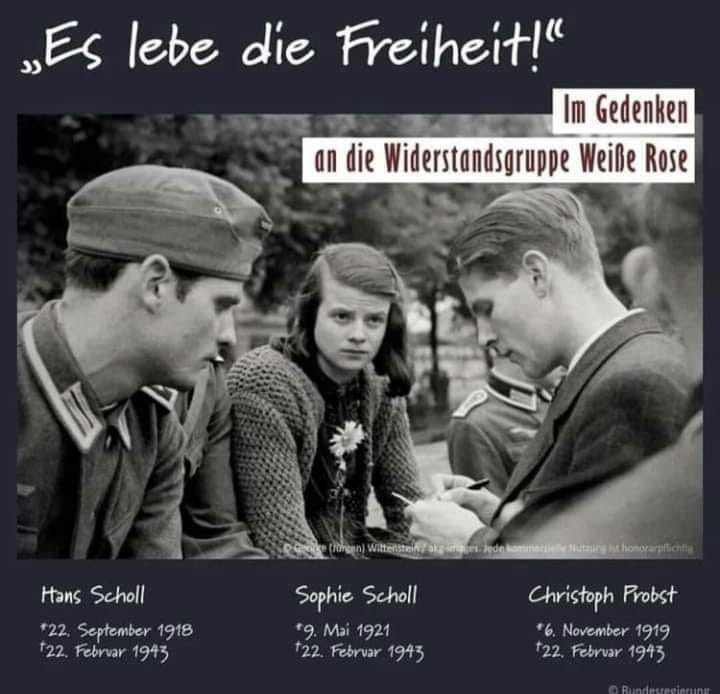 Heute gedenken wir der Mitglieder der Weißen Rose, die vor über  Jahren hingerichtet wurden. Wir erinnern uns an ihr Opfer und ihren unermüdlichen Einsatz für Freiheit und Gerechtigkeit. Ihr Mut inspiriert uns weiterhin. #WeißeRose #Widerstand #Gedenken #NieWieder #BKRMWV