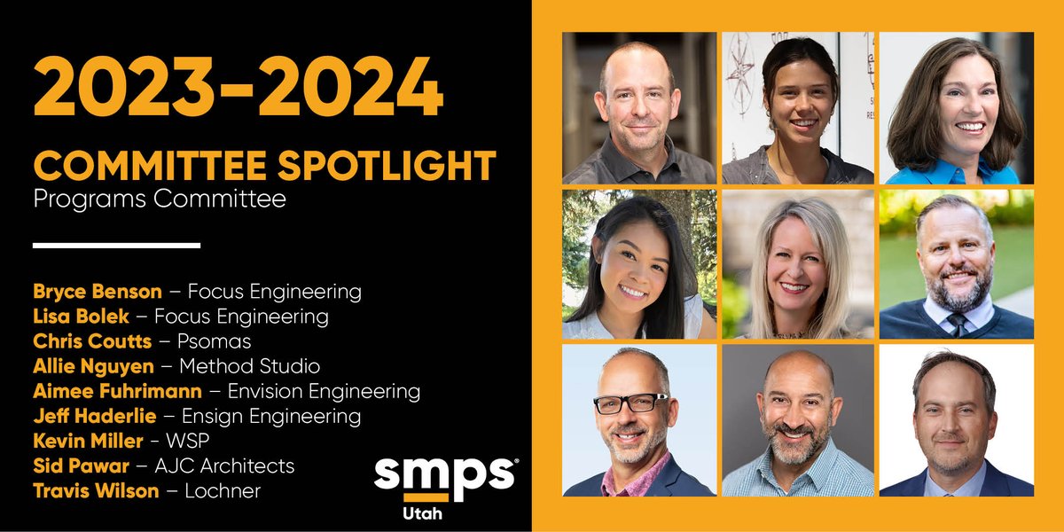 SMPSUtah's tweet photo. Welcome to the new Programs Committee for SMPS Utah! We are so grateful for all of their wisdom and effort in planning this year's events.

https://t.co/UOftTEQodL

#SMPSPrograms #AECUtah https://t.co/MV1jYn6mNb