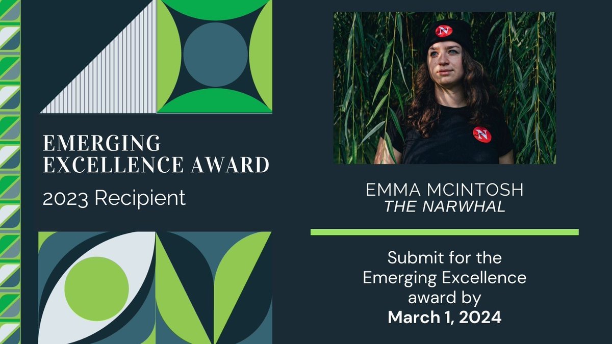 Emma McIntosh of The Narwhal is the 2023 recipient of the Emerging Excellence Award. The award honours an individual whose work in the industry shows the highest degree of craft and promise. Submit your own application by this Friday, March 1st! buff.ly/3eowizw