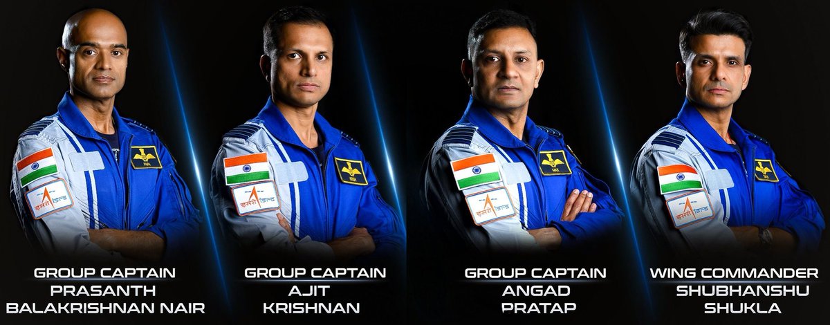Indian astronaut-designates

• Group Captain Prashanth BalaKrishnan Nair   
• Group Captain Ajit Krishnan   
• Group Captain Angad Prathap   
• Wing Commander Shubhansku Shukla 

 #Indianastronauts #ISRO #VYOMNAUTS #GaganyaanMission #GaganyaanAstronauts #Gaganyaan