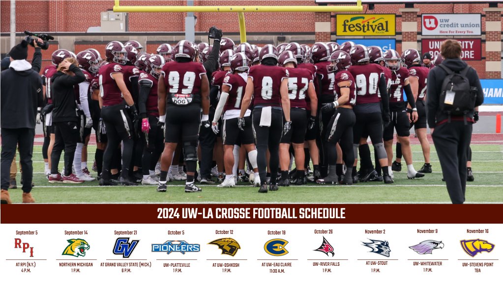 Check out the 2024 @UWLEagleFB schedule with five home games at Roger Harring Stadium at Veterans Memorial Field Sports Complex. Go Eagles! uwlathletics.com/sports/footbal…