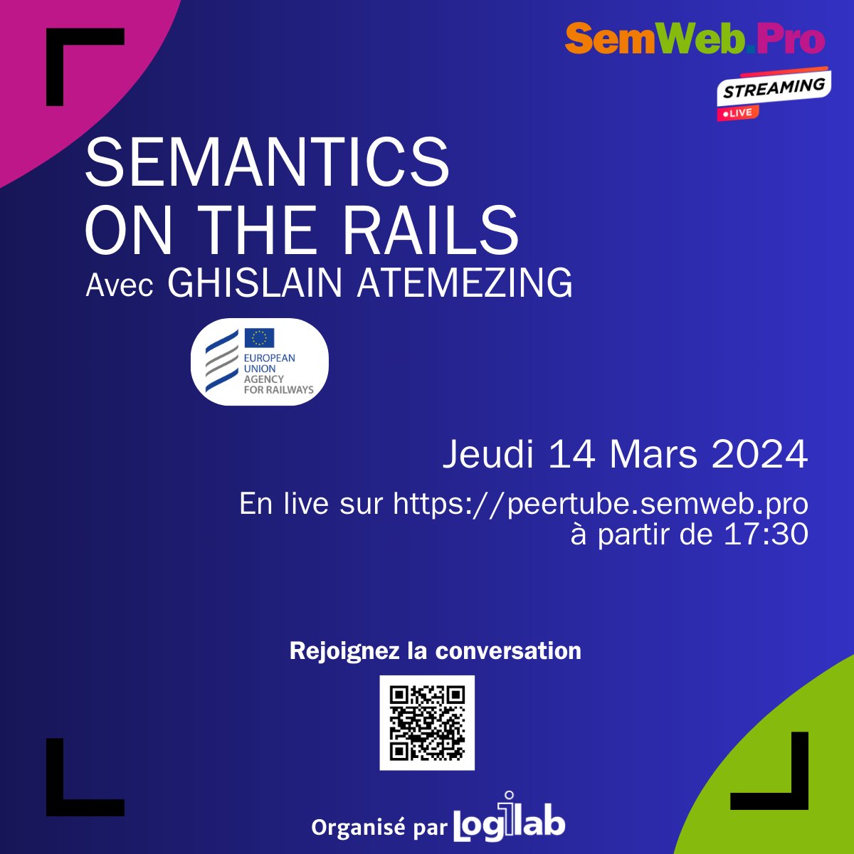 #SemWeb.pro version live !

La première édition du live, c'est jeudi 14 mars à partir de 17 h 30 avec <a href="/gatemezing/">Ghislain Atemezing</a>

Pensez à vous inscrire sur : mobilizon.logilab.fr/events/c2889e6…

#websem #rails #semantics #semanticweb #semweb #rdf #owl #ontology #linkeddata #websemantique