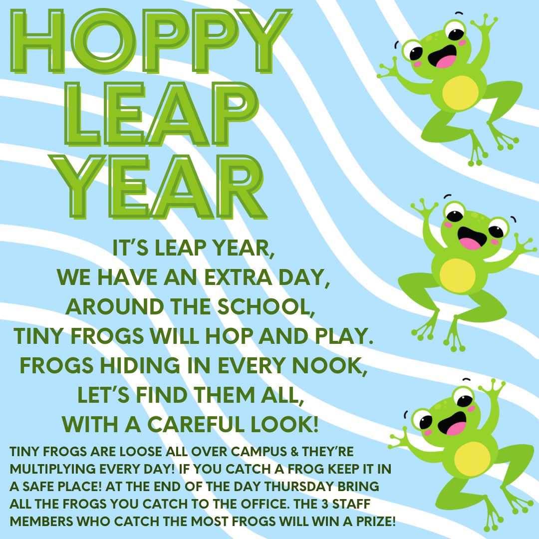 MsNelsonAP's tweet image. When you get an extra day in a year you have to do something to celebrate! Tiny frogs will be popping up around our campus for a little fun!