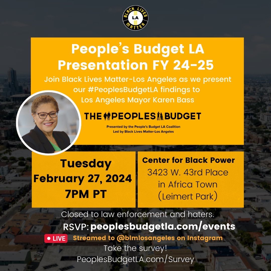 TONIGHT 7PM AT THE CENTER FOR BLACK POWER…
Join the convo with @MayorOfLA Karen Bass about budget priorities. Dr. Tabatha Jones Jolivet @SistaDrTabatha and Dr. David Turner @dr_kunta23 present the #PeoplesBudget findings. @kbla1580’s Dominique DiPrima @diprimaradio hosts.