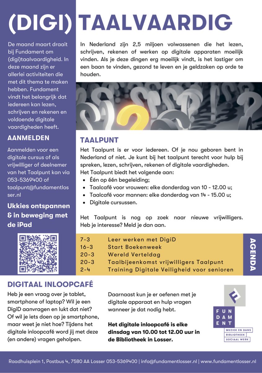 Infopagina Fundament: (digi)taalvaardigheid

twentejournaal.nl/artikel/44274-…

#fundamentlosser #taalpunt #taal #digitaal #schrijven #lezen #rekenen #geldzaken #taalcafe #vrijwilliger  #digid #bibliotheek #losser #beuningen #delutte #overdinkel #glane #enschede #twente #dinkelland
