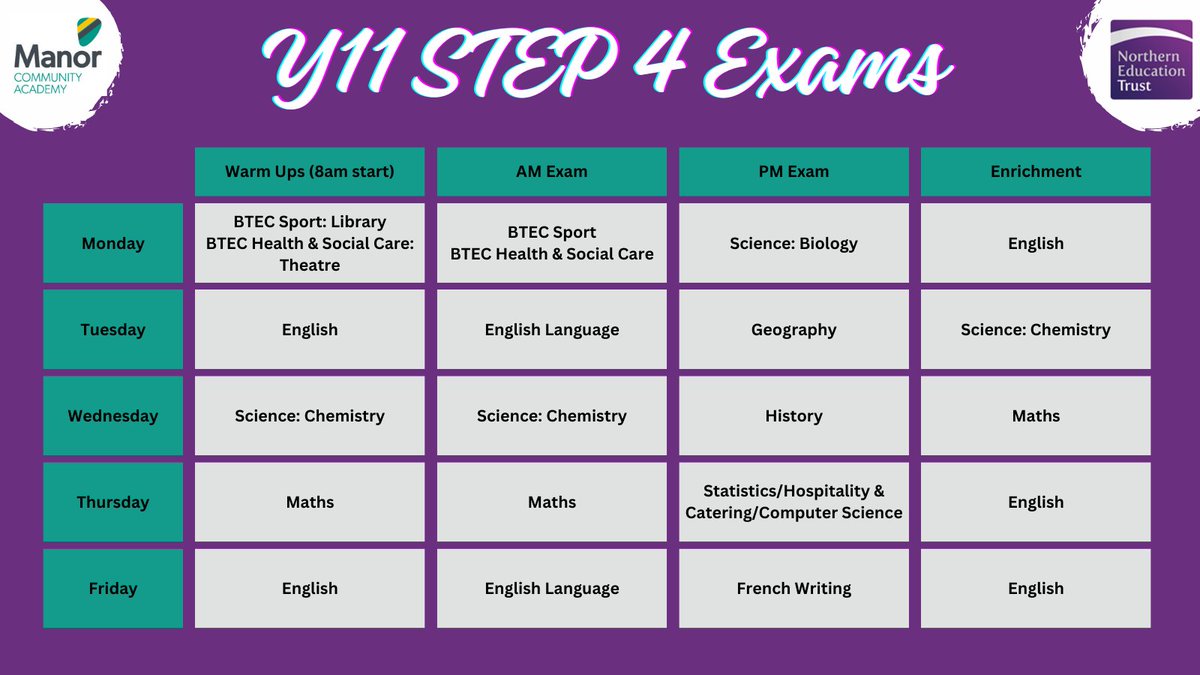 💜Y11 STEP 4 Assessments💜

All students are expected to attend warm ups which start at 8am and enrichment which runs from 2:30pm - 3:30pm.

Tomorrow will look like this.....

👏Warm up - Science: Chemistry
🤩AM Exam - Science: Chemistry
📚PM Exam -History
💜Enrichment - Maths