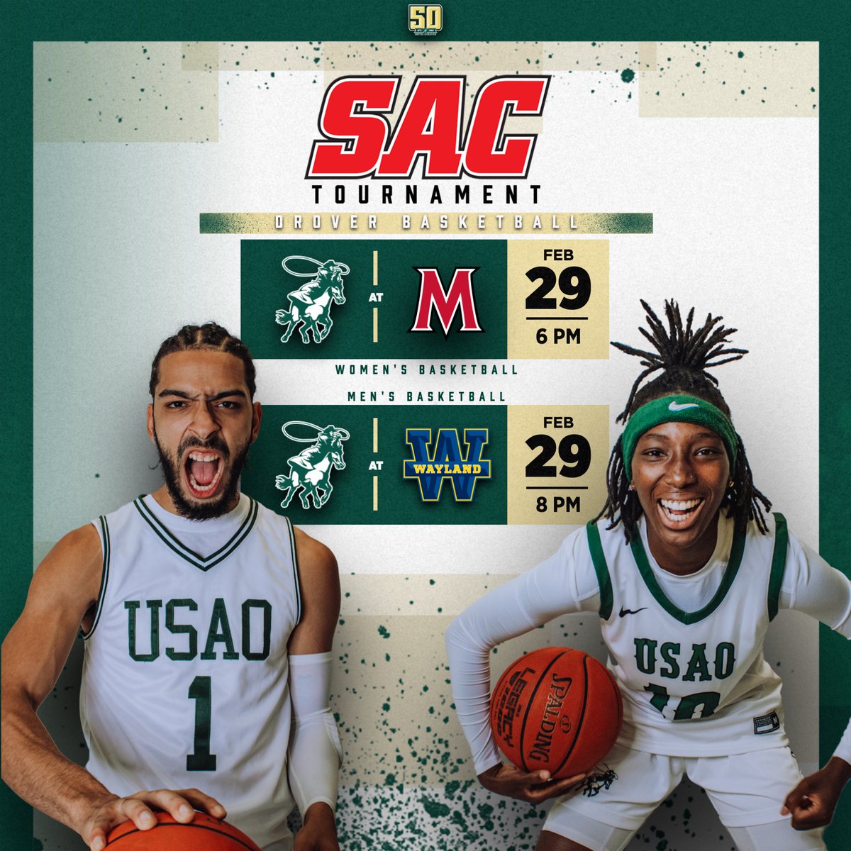 We are only 2⃣ days from the start of the 𝗦𝗔𝗖 𝗧𝗼𝘂𝗿𝗻𝗮𝗺𝗲𝗻𝘁!🏀

Don't miss out on any of the postseason action‼️

📺: SAC Sports Network
📅: usaoathletics.com/composite

#DroverNation🐎 x #BleedGreen
