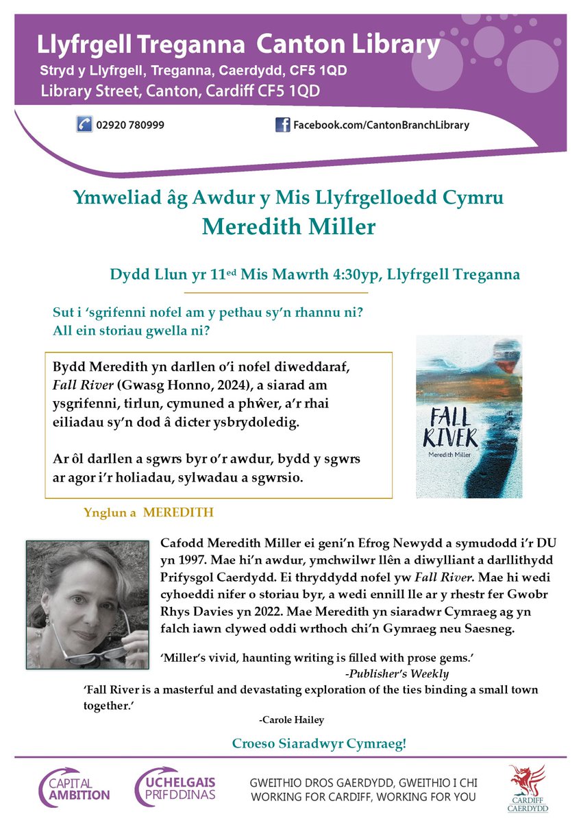 Ymunwch a ni yn Llyfrgell Treganna, a Cwrdd ar enill Awdur y Mis Llyfrgelloedd Cymru.  Meredith MIller.  Dydd Llun 11fed Fawrth am 4.30yh.