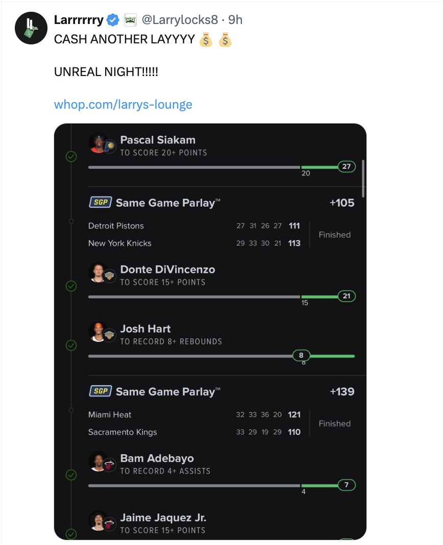 ThaLoungeSports's tweet image. WHAT A NIGHT IN THE LOUNGE

+6900 ✅
+2203 ✅
+2075 ✅
+1364 ✅
+1286 ✅
+1177 ✅
+900 ✅
+750 ✅
+260 ✅
+240 ✅

To celebrate, we're giving away $50 to 5 people who like and RT this tweet 💰

whop.com/larrys-lounge