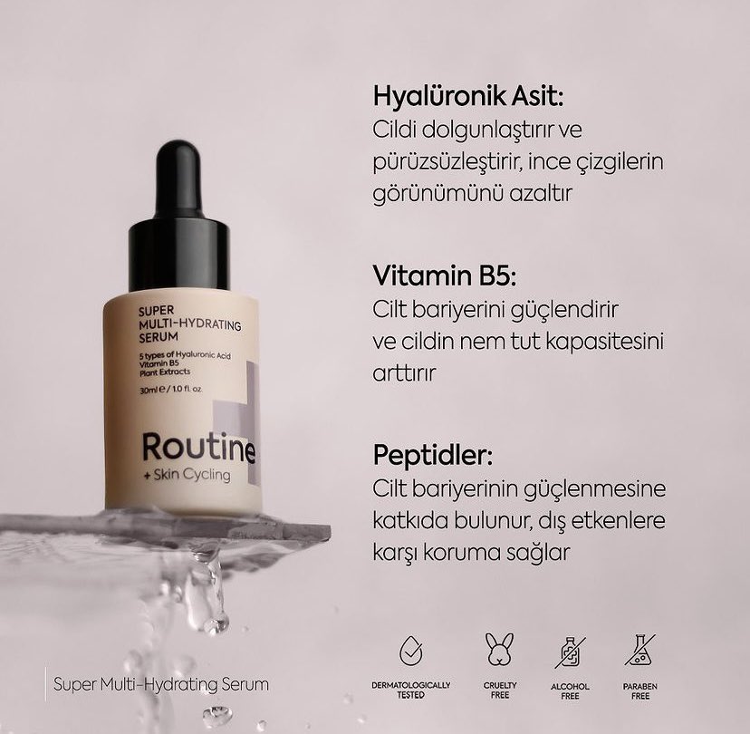 RoutinePlus's tweet image. Çok katmanlı nemlendirme ile cilt bakımınıza derinlik katın! Routine+ özel formülüyle, 5 farklı hyaluronik asit bir arada. Her bir damlada, daha dolgun ve pürüzsüz bir cilt! #hyaluronikasitserum #ciltbakımı #routineplus