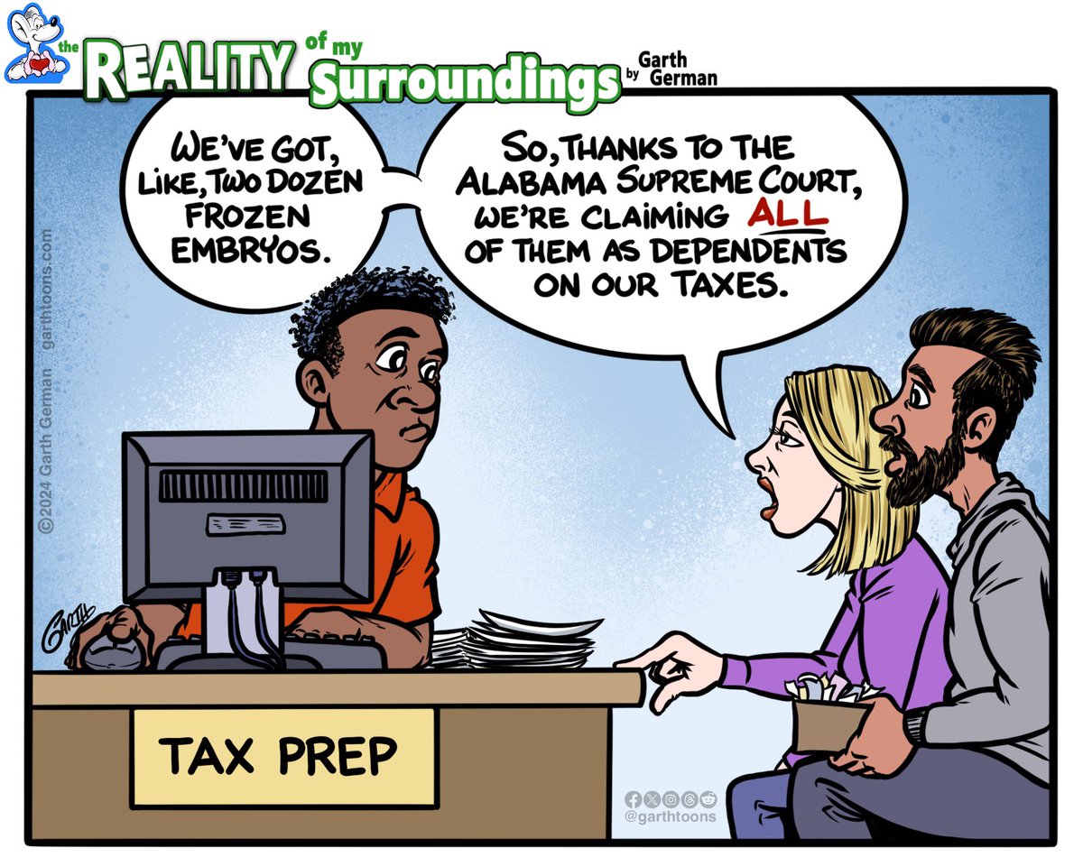 Taking that tax credit. 

Follow for more cartoons!

#AlabamaSupremeCourt #IVF #embryos #taxes #TaxLaws #taxseason #taxprep #taxcredit #politicalcartoon