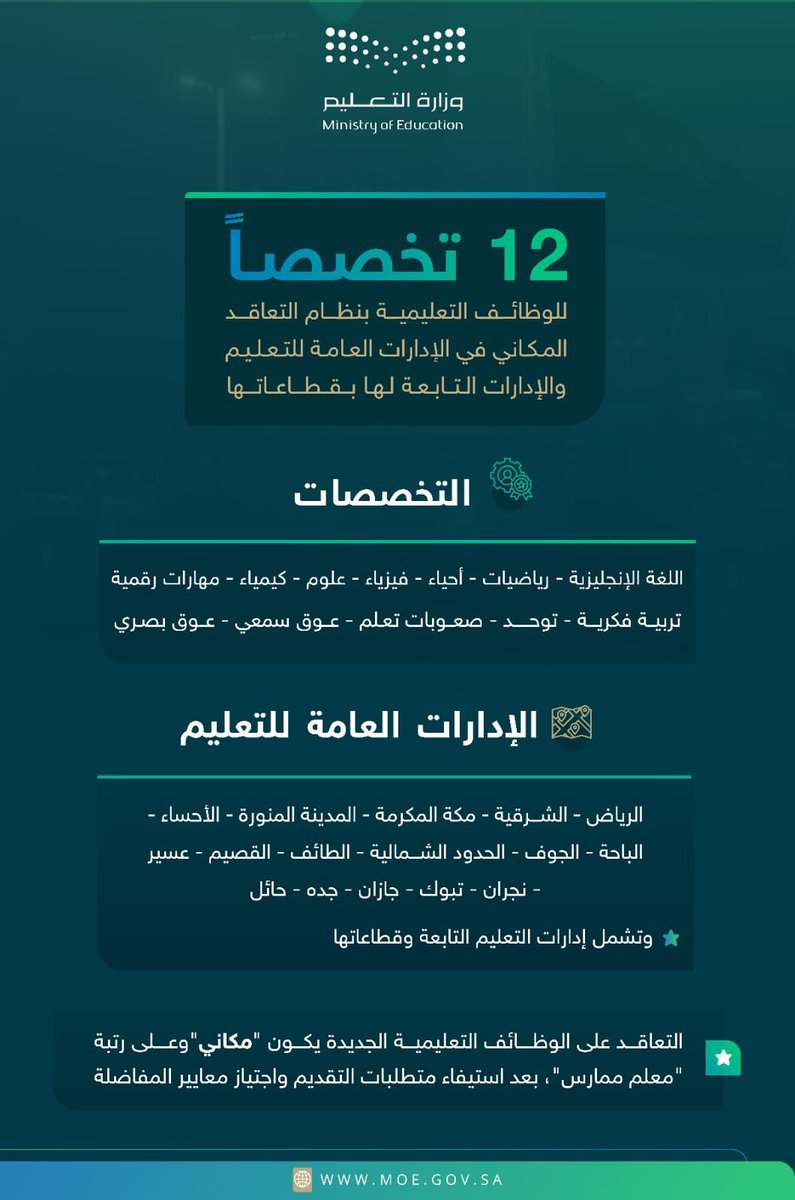 ewdifh's tweet photo. (🔴) عاجل - وزارة التعليم (#الوظائف_التعليمية) (🔴)

وزارة التعليم تعلن عن (12519) وظيفة تعليمية (رجال / نساء) في جميع مناطق المملكة

تفاصيل: https://t.co/0K8OrbIa3F https://t.co/aznz7W5PHx