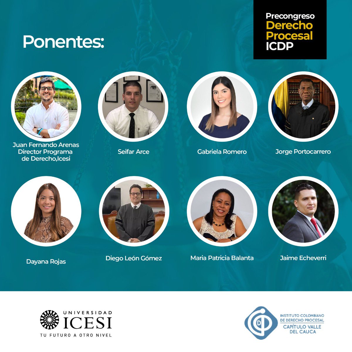 ICDPVALLE's tweet photo. ¡Faltan 9 días para el Precongreso de Derecho Procesal del @CapValleIcdp @I_C_D_P en conjunto con la @icesi! por eso, queremos anunciarles algunos de los conferencistas que nos acompañarán en esta importante jornada académica ⬇️
Inscripciones: https://t.co/FtI9eCqZsi @capazrussi https://t.co/9O2LYJ0E4F