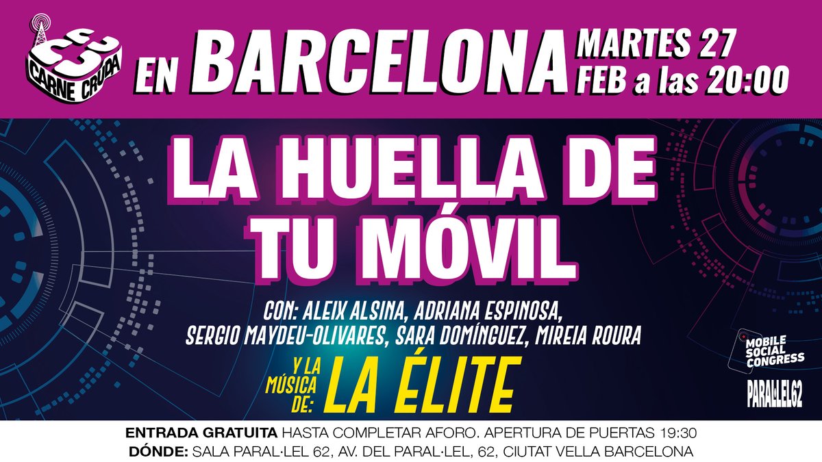 Javier Gallego Crudo (@carnecrudaradio) on Twitter photo ¡¡ES HOY!!
Si estás por Barcelona, todavía estas a tiempo de venir a vernos desde el #MobileSocialCongress en la sala <a href="/parallel62bcn/">Paral·lel 62</a>.
Vamos a hablar de la huella que deja nuestro móvil con <a href="/setemcat/">SETEM Catalunya</a>, <a href="/SomConnexio/">Som Connexió</a>, <a href="/AmigosTierraEsp/">Amigas de la Tierra</a> y todo el punk de la #LAELITE
A LAS 20H ⬇️ ¡¡ES HOY!!
Si estás por Barcelona, todavía estas a tiempo de venir a vernos desde el #MobileSocialCongress en la sala <a href="/parallel62bcn/">Paral·lel 62</a>.
Vamos a hablar de la huella que deja nuestro móvil con <a href="/setemcat/">SETEM Catalunya</a>, <a href="/SomConnexio/">Som Connexió</a>, <a href="/AmigosTierraEsp/">Amigas de la Tierra</a> y todo el punk de la #LAELITE
A LAS 20H ⬇️