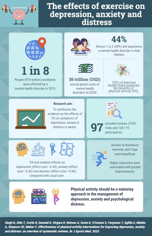 🚨 What are the effects of exercise on depression, anxiety and distress?🤔

This #BJSMBlog summarises the #KeyFindings from a recently published paper that demonstrated exercise should become the mainstay of treatment, rather than just an alternative🤯

➡️ bit.ly/43scIvR