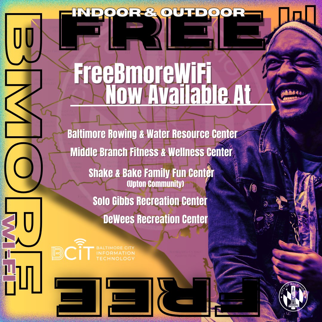 Hey Baltimore! 👋 Ditch spotty connections and say hello to fast, FREE Wi-Fi at select @recnparks recreation centers—with more locations coming soon. Whether you're tackling homework, streaming your favorite shows, or just browsing the web, #FreeBmoreWiFi has you covered.