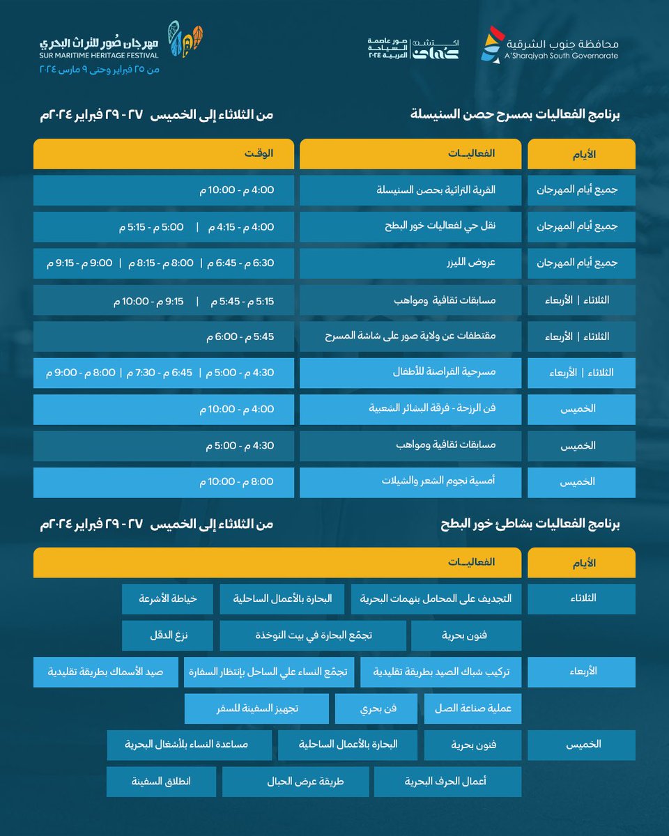أجــواء وفعاليات استثنـائيـة ستعيشونهـا... أهلًا بكم في أرض المهرجـان

#مهرجان_الصواري #مهرجان_صور_للتراث_البحري #صور_عاصمة_السياحة_العربية_2024 #اكتشف_عمان
