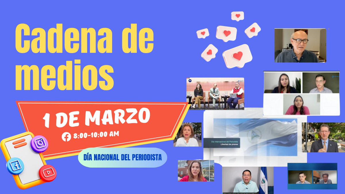Este viernes 01 de marzo, en el #DíaNacionalDelPeriodista te invitamos a sintonizar nuestra cadena de medios #envivo, con la participación de editores y periodistas de más de 20 plataformas independientes de #Nicaragua 
⏰ A partir de las 8:00 a.m. (Hora CA)