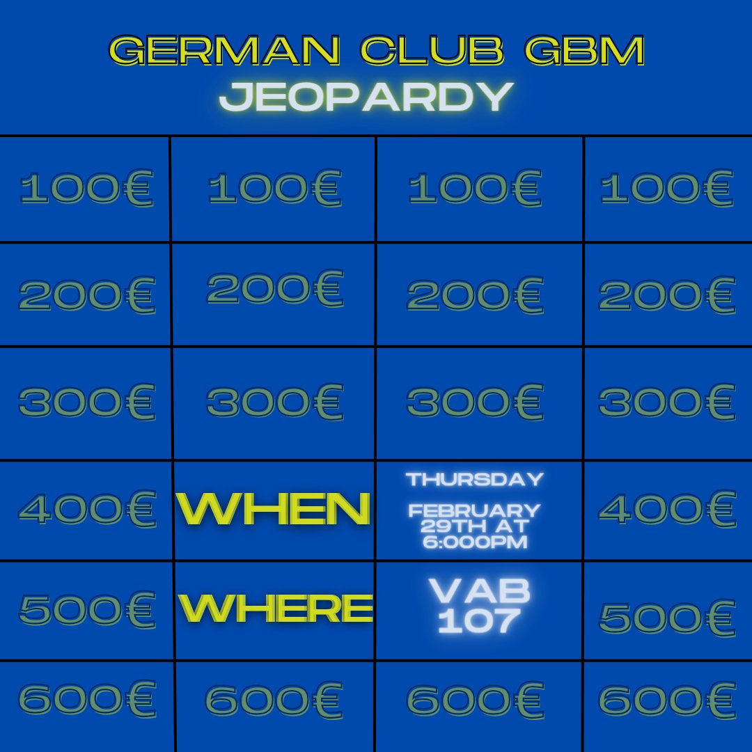 UCF German Club Jeopardy Games. Thursday 29th. Join us!