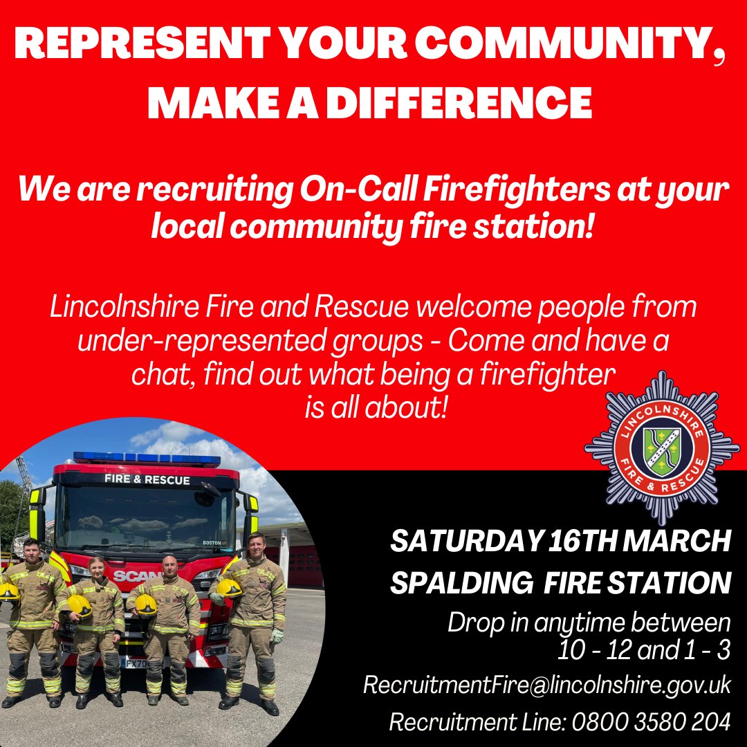 Make a difference!

We are looking for On-Call fighters and welcome people from under-represented groups.

Come and have a chat and find out what it’s all about.

Apply to be an on-call firefighter - bit.ly/3nkXUvX 

#oncallfirefighters #Lincolnshire