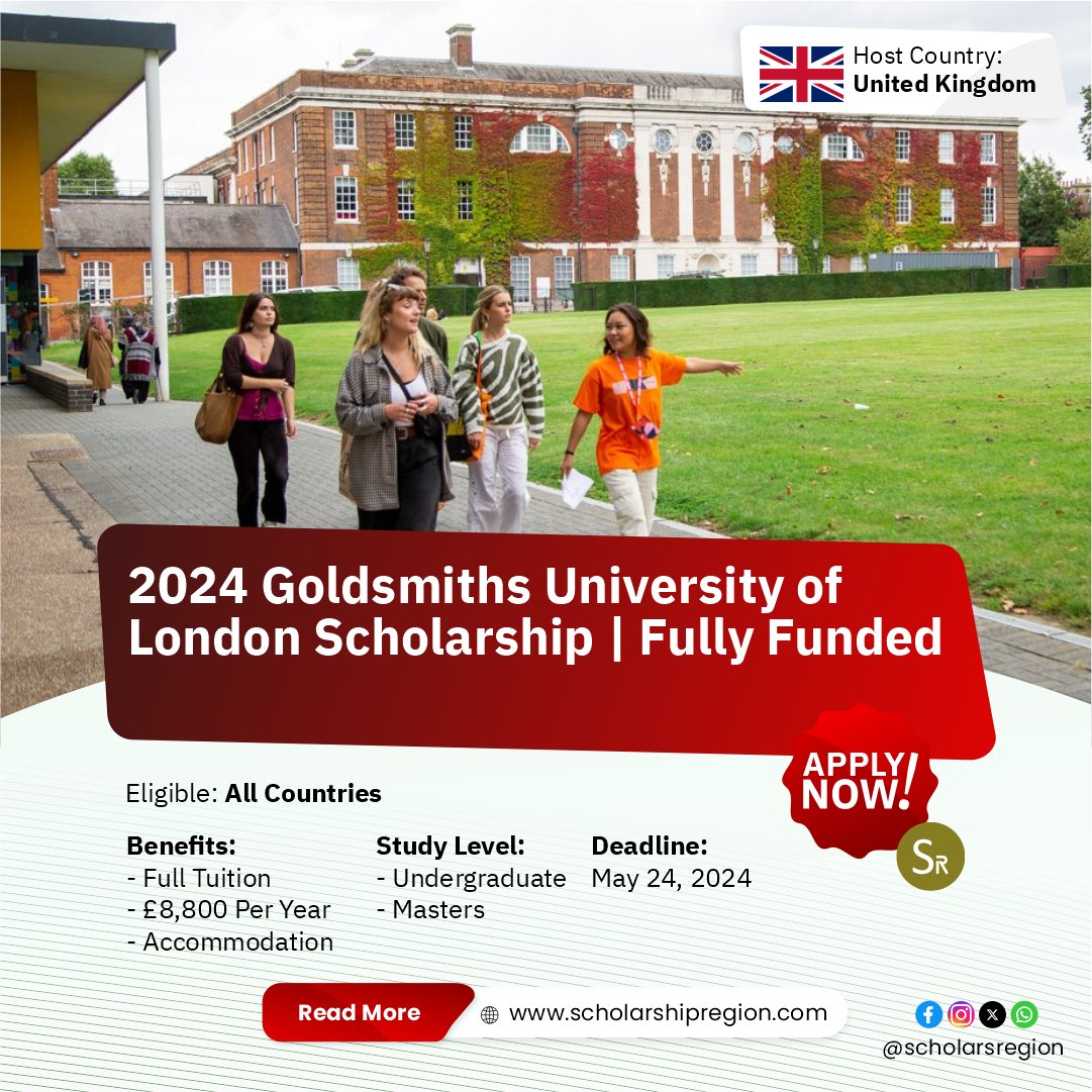 2024 Goldsmiths University of London Scholarship | Fully Funded

Host Country: UK

Study Level: 
• Bachelor
• Master

Eligible: All Countries

Benefit: 
✅£8,825 annual stipends
✅Full Tuition Waiver
✅Accommodation

Deadline: May 24, 2024

APPLY↙️
scholarshipregion.com/goldsmiths-uni…