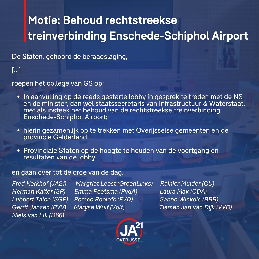 JA21_Overijssel's tweet image. Steun van (bijna) de hele Provinciale Staten voor de motie van @_hessie_ voor het behoud van de trein naar #Schiphol! 🚆

Daarnaast een motie van @Hoogveld om te zorgen dat er éérst steun is van PS voordat het IPO namens de #psov een standpunt inneemt. #JA21