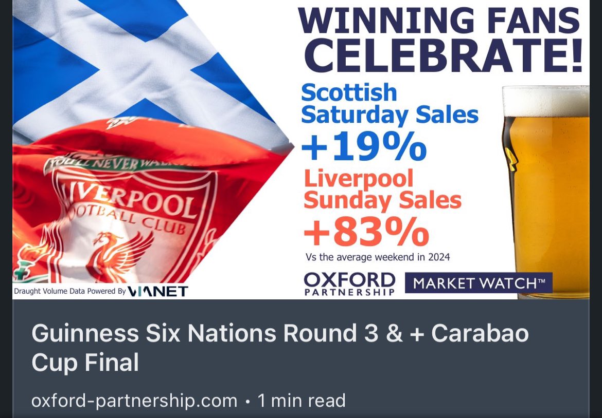 OxPartnership's tweet image. Fantastic uplift for pubs showing the Carabao Cup, demonstrating the power of live sport to drive the market. And, of course, the Guinness Six Nations continues to deliver sales oxford-partnership.com/insights/guinn…

 #ontrade #beernews #hospitality #guinnesssixnations #livesport #vianet