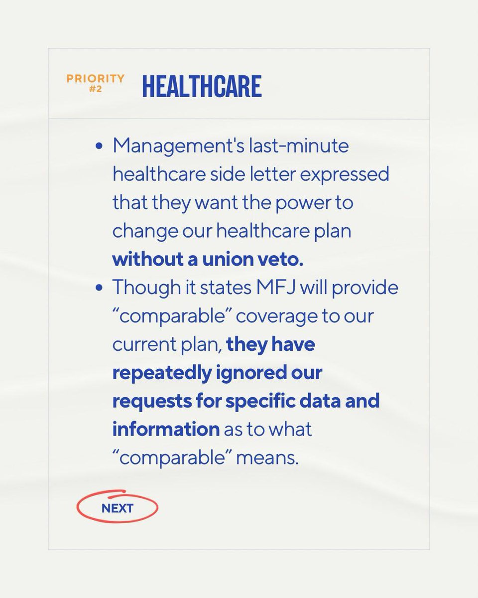 MFJUnion's tweet image. Who are we and what do we stand for? Here’s a snapshot of demands that are important to us and where MFJ management + the Board are falling short. A fair contract is possible!

*CORRECTION: typo on Slide 2, our lowest paid workers have starting salaries of less than $52k annually