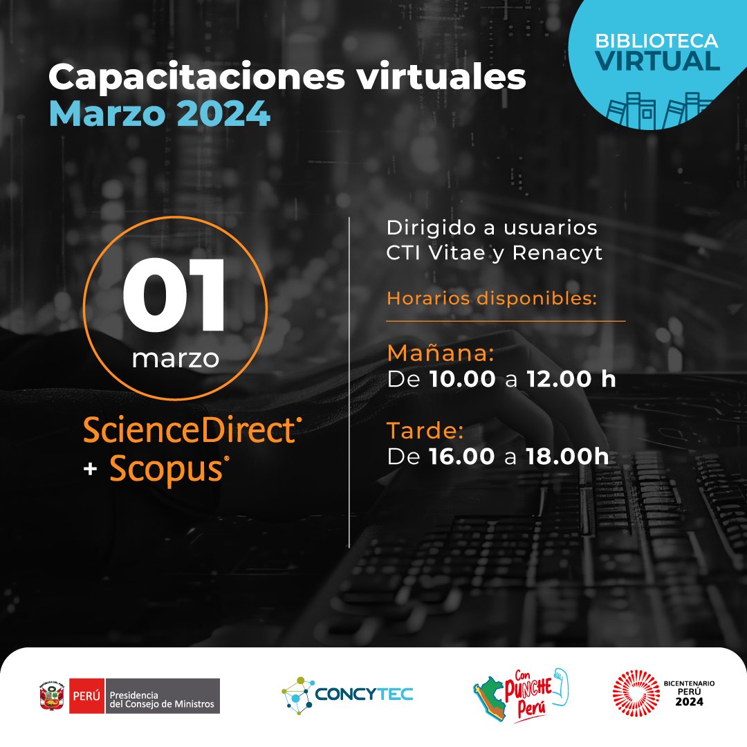 ConcytecPeru's tweet image. 😃 ¡Atención usuarios #CTIVitae y #Renacyt! 👩‍🔬 El @ConcytecPeru capacitará virtualmente en el uso de las bases de datos #ScienceDirect + #Scopus.

📅 01 de marzo
⏰ 10AM a 12M
📌 Inscríbete aquí: tinyurl.com/4fypasck
⏰ 4PM a 6PM
📌 Inscríbete aquí: tinyurl.com/yc2cbrsm