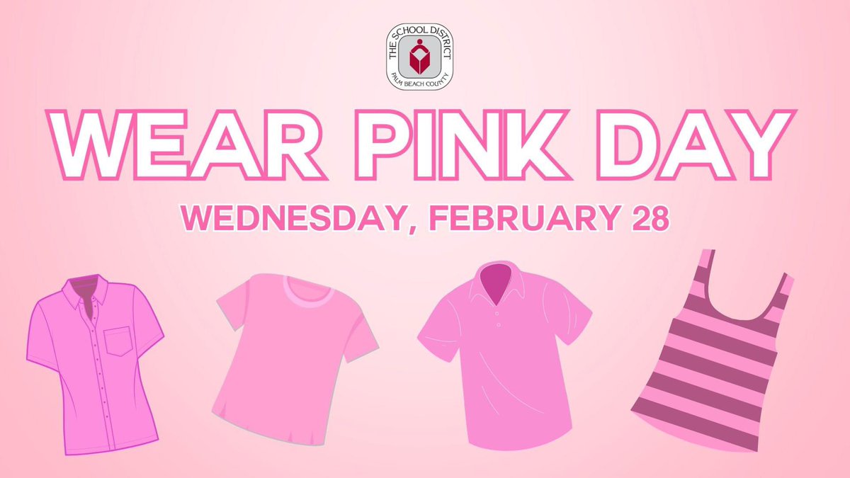 💗👚🎉 TOMORROW! The District encourages you to wear PINK on Wednesday, February 28 for bullying awareness and prevention day.

Join us in practicing kindness and saying no to bullying! #PinkShirtDay