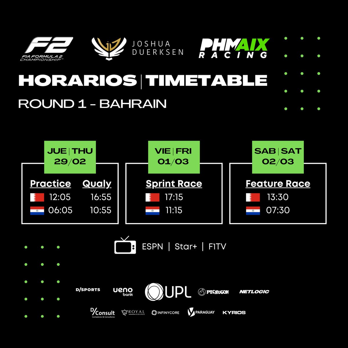 HORARIOS | TIMETABLE BAHRAIN 🇧🇭 

Action already starts in 2 days! 💥

La acción arranca en 2 días! 💥

#JD24 #SomosMbarete🇵🇾 #JoshuaDuerksen