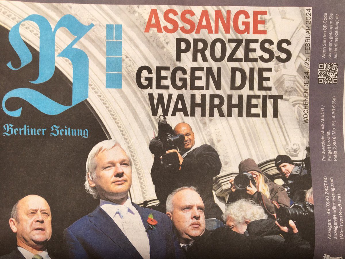 The @BerlinerZeitung dedicated its weekend cover story to Julian #Assange. My article on the 'trial against journalism' was republished in French (blogs.mediapart.fr/fabian-scheidl…) and English (scheerpost.com/2024/02/26/the…). #FreeAssange #FreeAssangeNow @DefendAssange @Stella_Assange