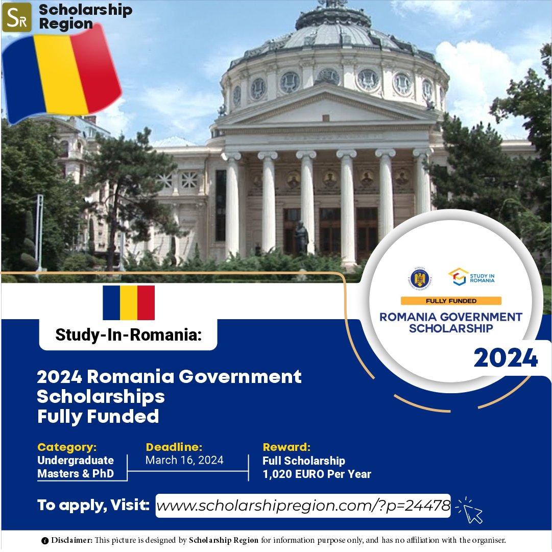 2024 Romania Government Scholarships | Fully Funded Host Country: Romania Study Level: • Bachelor • Masters • PhD Eligible Countries: All Countries Benefit: ✅Full Scholarship ✅Accommodation ✅Monthly Stipends Deadline: March 16, 2024 APPLY↙️ scholarshipregion.com/romania-govern…