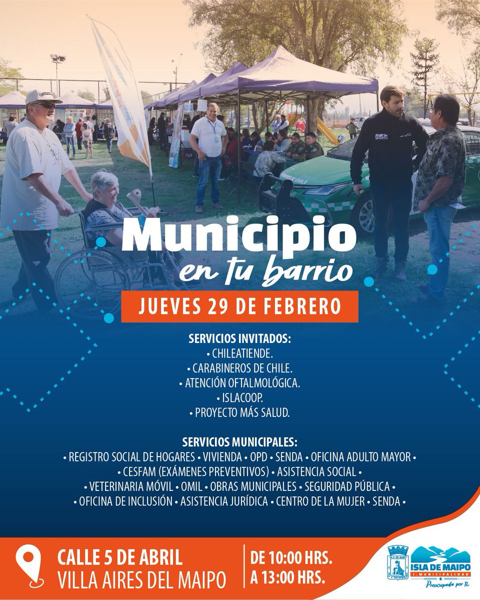 👩‍💻👨‍👩‍👧‍👦 Aprovecha la última jornada de 'Municipio en tu Barrio' de febrero 📌 Jueves 29 desde las 10:00 a 13:00 hrs en Villa Aires del Maipo, calle 5 de abril ✅️ ChileAtiende ✅️ Carabineros ✅️ Atención oftalmológica ✅️ Islacoop ✅️ Registro Social de Hogares Entre otros