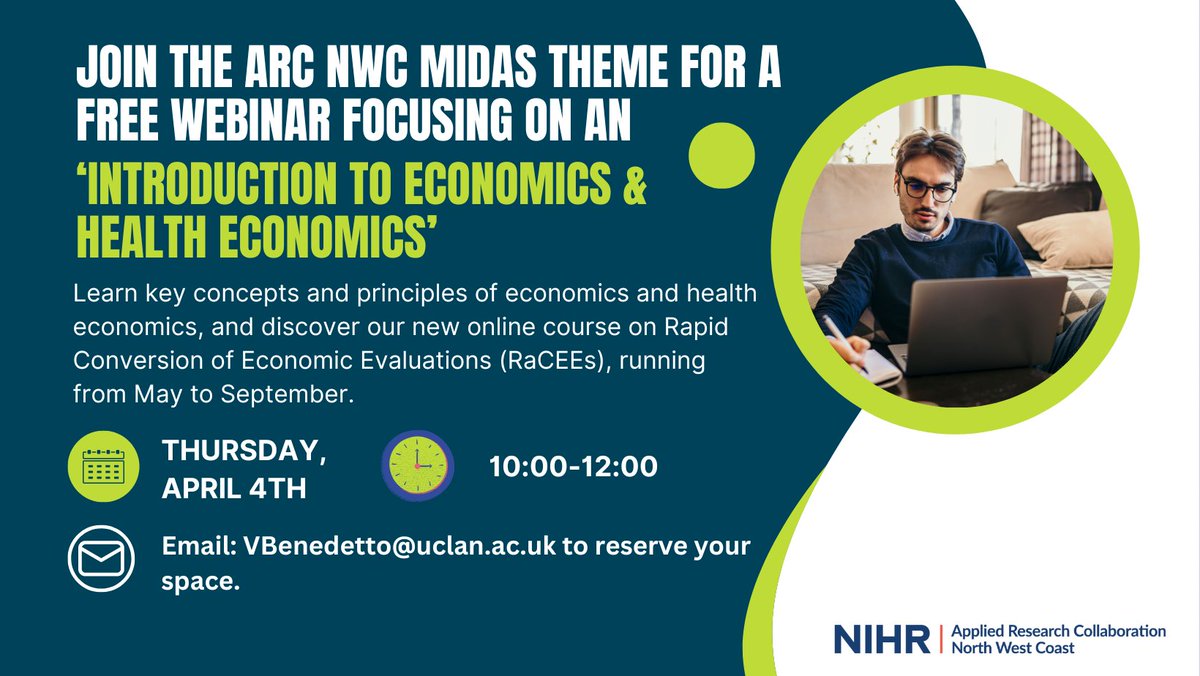 📢Want to know more about #Economics and #HealthEconomics? The MIDAS Theme might just offer what you need... 🗓️Our new webinar 'Introduction to Economics & Health Economics' will run on Thursday 4th April 10:00-12:00. 📨To register, please email vbenedetto@uclan.ac.uk