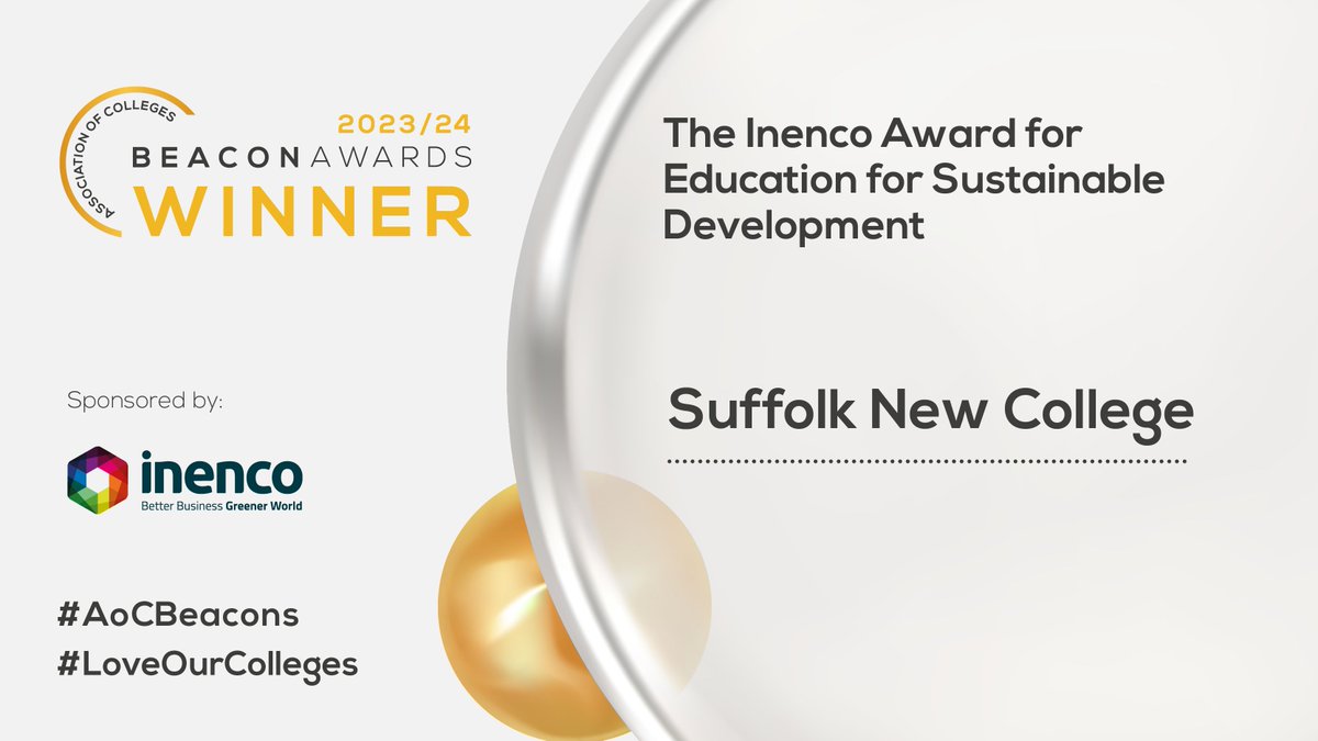 @NCDOfficial @cityandguilds @EPNorthEast @ukEdge @hullcollegegrp @Jisc @barnsleycollege @NOCNGroup A huge congratulations to @suffolknewcoll for winning the @Inenco Award for Education for Sustainable Development in this year’s Beacon Awards. #AoCBeacons #LoveOurColleges