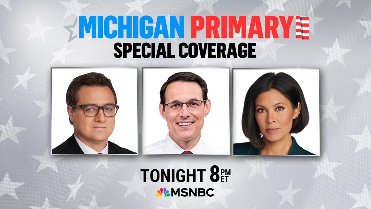 TONIGHT: @chrislhayes and @alexwagner lead special coverage of the 2024 Michigan primary, joined by @SteveKornacki who will break down the results at the Big Board. Tune in at 8pm ET on @MSNBC.