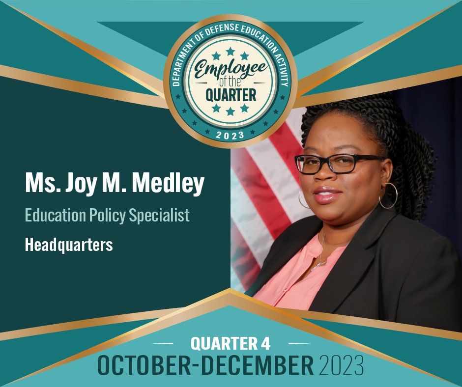 Congratulate Joy Medley on her selection as a DoDEA Employee of the Quarter for the fourth quarter of 2023! #DoDEAinAction Way to go, Joy! Learn more about Joy's accomplishments here: bit.ly/3OXKKDe
