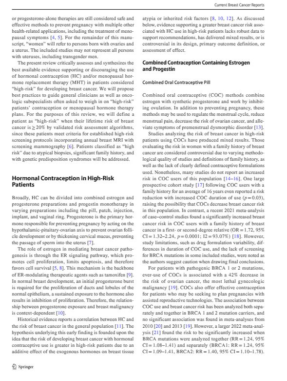 Wondering if hormonal #birthcontrol is OK to give your patient at increased risk of #breastcancer ? The answer is probably YES, check out our review in the link where we cover #OCPs, #IUD, #POPs, and non-hormonal formulations: tinyurl.com/52uxj9kk