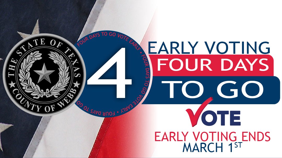 📷 Early voting continues through March 1st. 📷 📷Polling Sites: tinyurl.com/WebbEarlyVotin… 📷General Info: webbcountytx.gov/ElectionsAdmin… 📷Sample Ballots: tx.omniballot.us/sites/48479/ba…