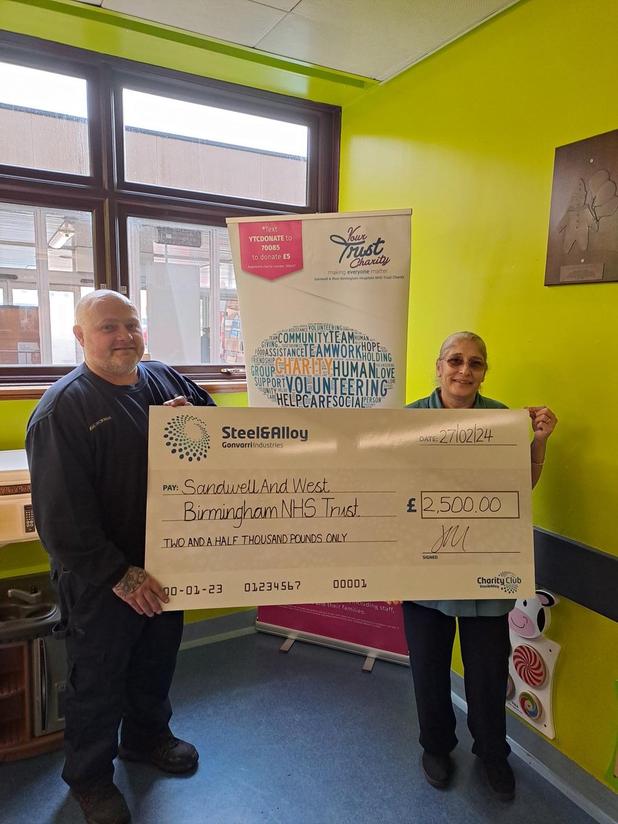 SWBHCharity's tweet image. Thank you Nigel from Steel &amp;amp; Alloy @Gonvarri for a fabulous donation to @SWBHnhs  children's ward relocating to @MidlandMetUH this year, received by our HCA Jas! Their support will help us host play areas &amp;amp; create engaging displays in waiting areas for our young patients